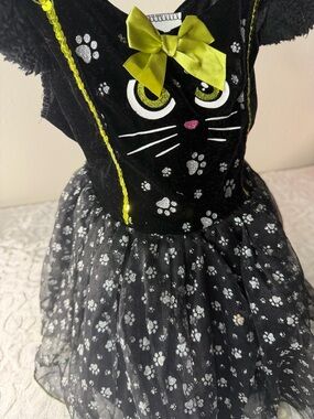 Black Cat Paw-Print Kids Halloween Costume Dress with Lime Bow Accent